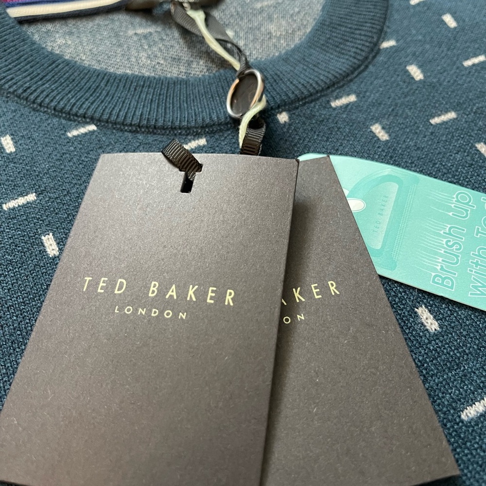 NWT Ted Baker Geo Jacquard Crew Neck Sweater Mid Blue Size 5 (XL)